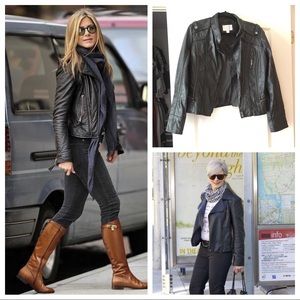 Black vegan faux leather distressed moto jacket